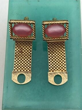 Vintage SWANK Gold Tone Mesh Wrap Cufflinks Pink Moonglow Cabochon Mid Century